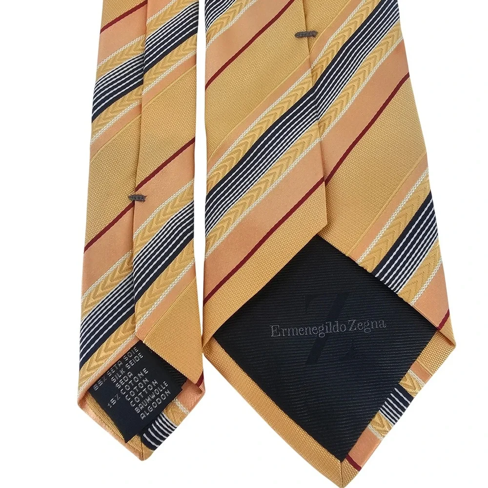Ermenegildo Zegna Silk Cotton Striped Tie Gold Peach Navy‎ Italian Luxury Preppy